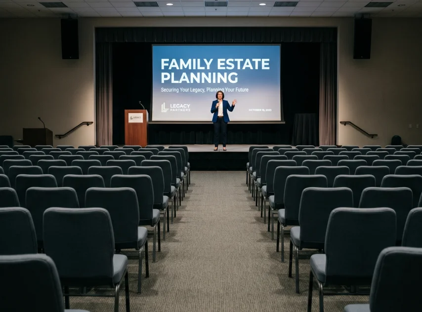 A speaker presenting to an empty room